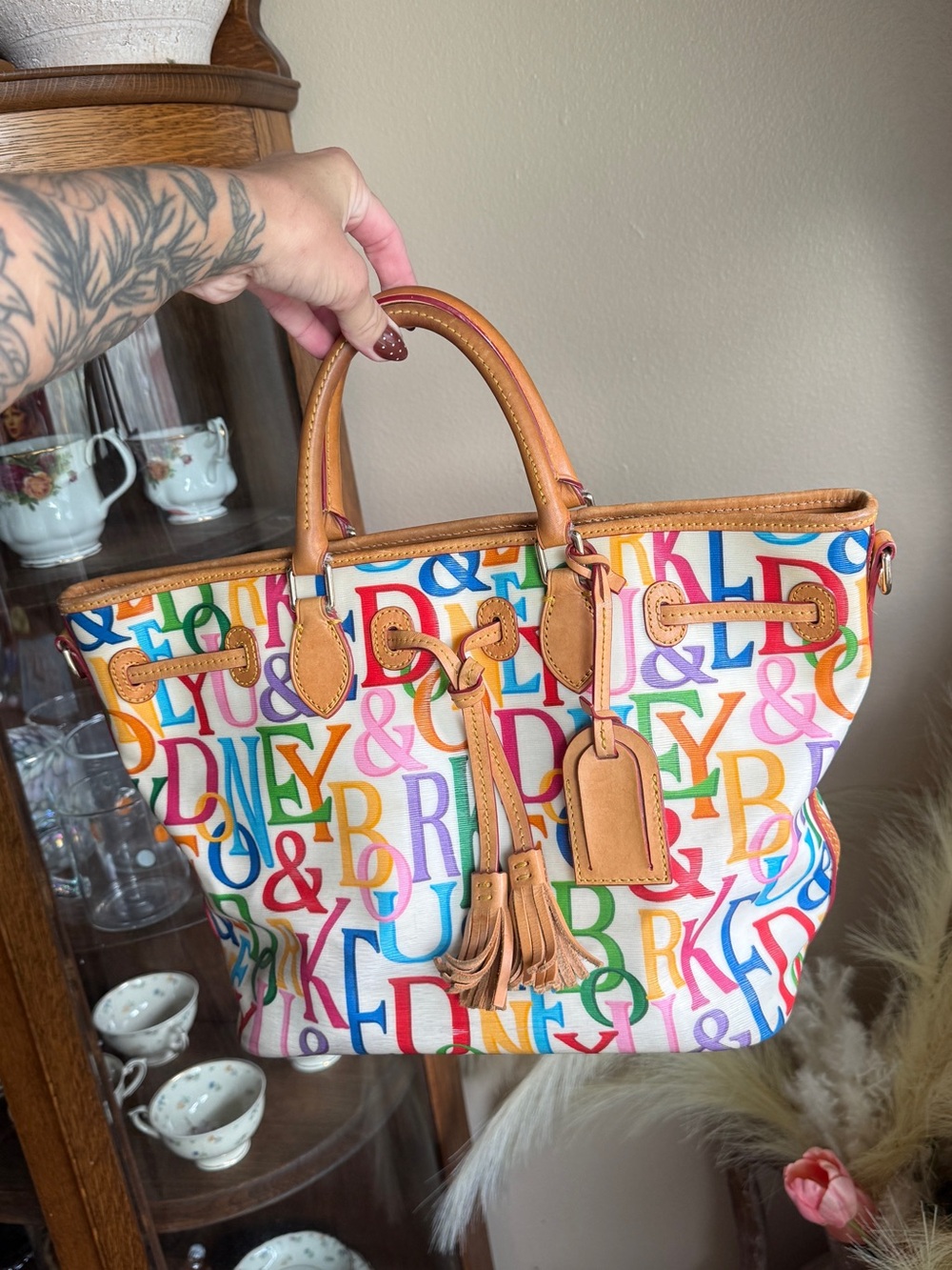 Dooney & Bourke Multicolor Letter Print Tote Bag with Tan Leather Trim